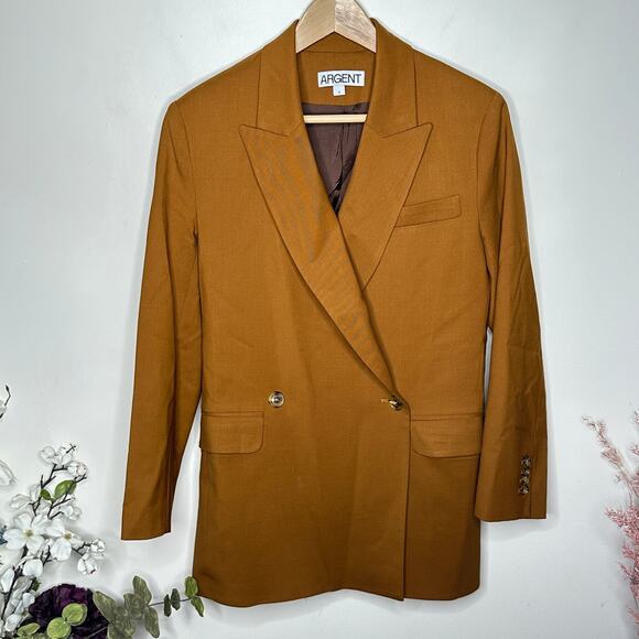 ARGENT Belted Double Breasted Blazer in Seasonless Wool Camel Tan Sz 0 {3B46} - Picture 3 of 5